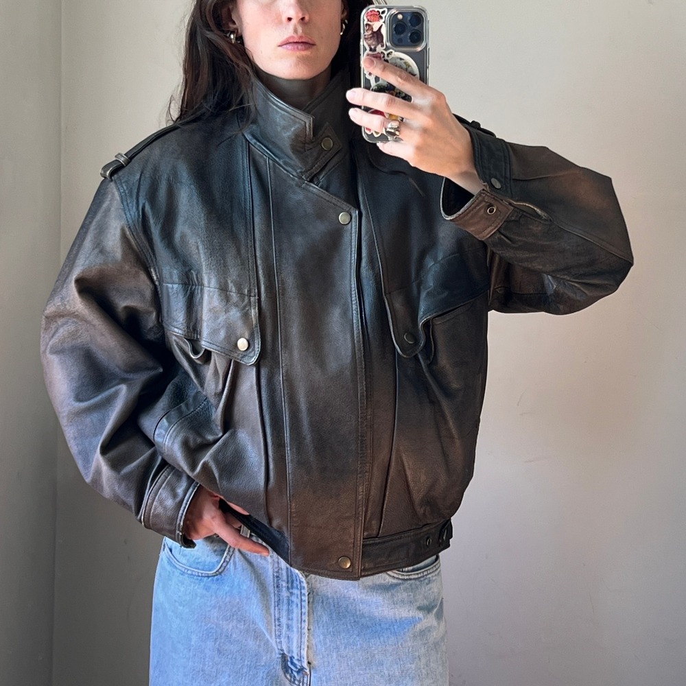 Vintage 90s Brown Leather Bomber Jacket High Snap Neck Oversized Distressed Coat